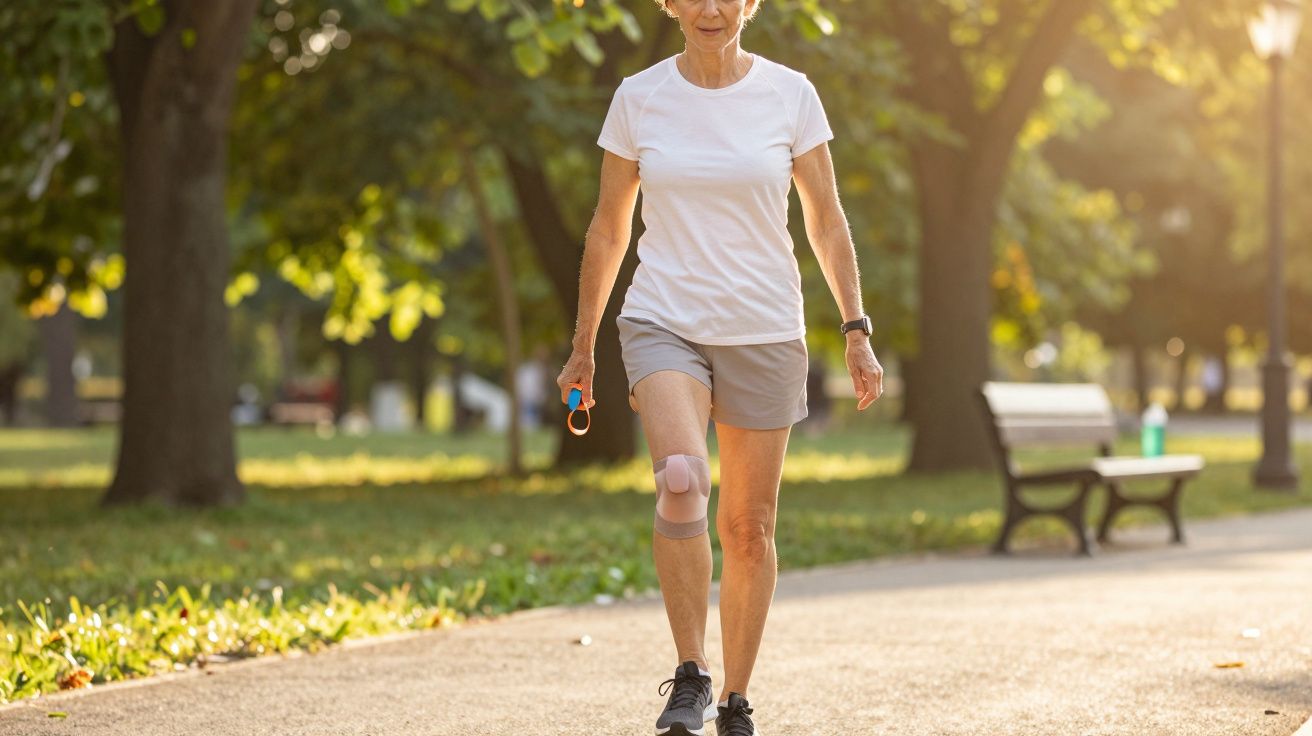 Older woman walking in park with knee brace and wearing athletic attire on sunny day.