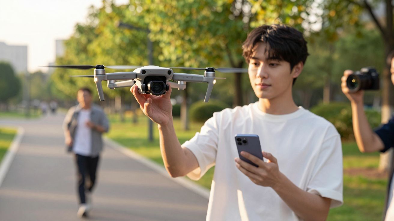 Man controlling a hovering drone with a smartphone in a park setting.