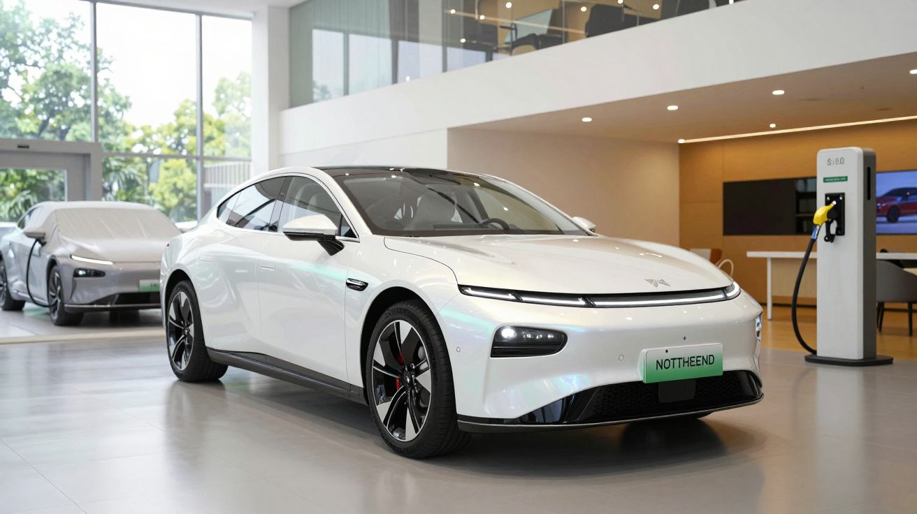 White electric car parked indoors near a charging station with a showroom in the background.