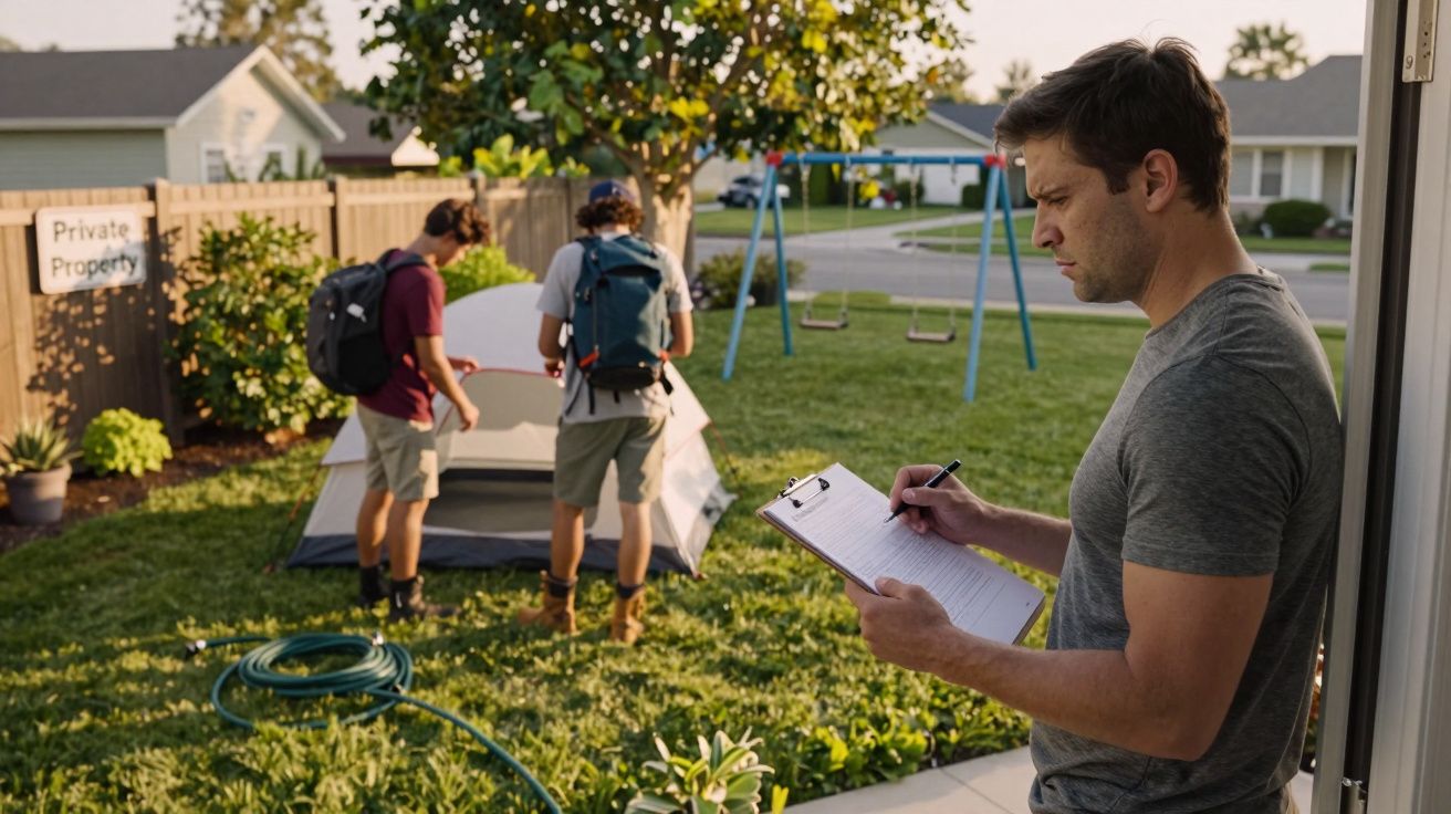 Man with clipboard observes two people with backpacks near a tent on a lawn labeled "Private Property."
