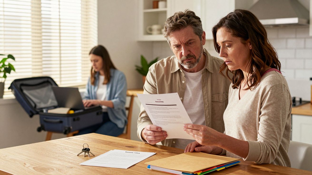 Couple reviewing documents at a kitchen table, with a woman working on a laptop in the background.