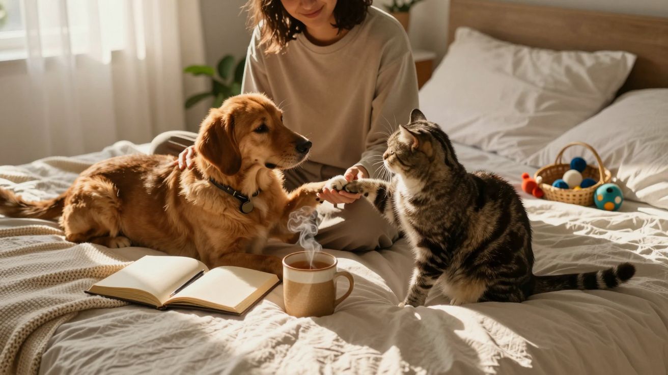 Woman sitting on bed with a dog and cat, holding paws. Open book and mug nearby. Sunny, cozy room.