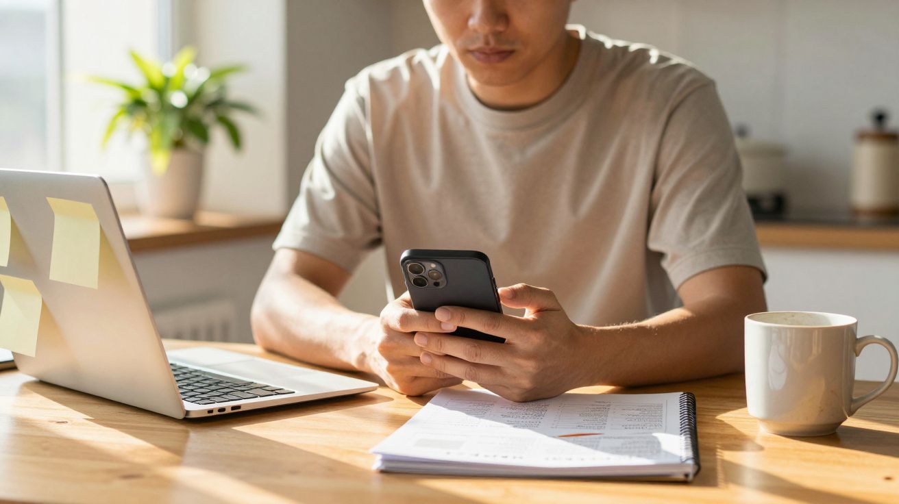 A person sits at a desk, looking at a smartphone, with a laptop, notepad, and coffee cup nearby.