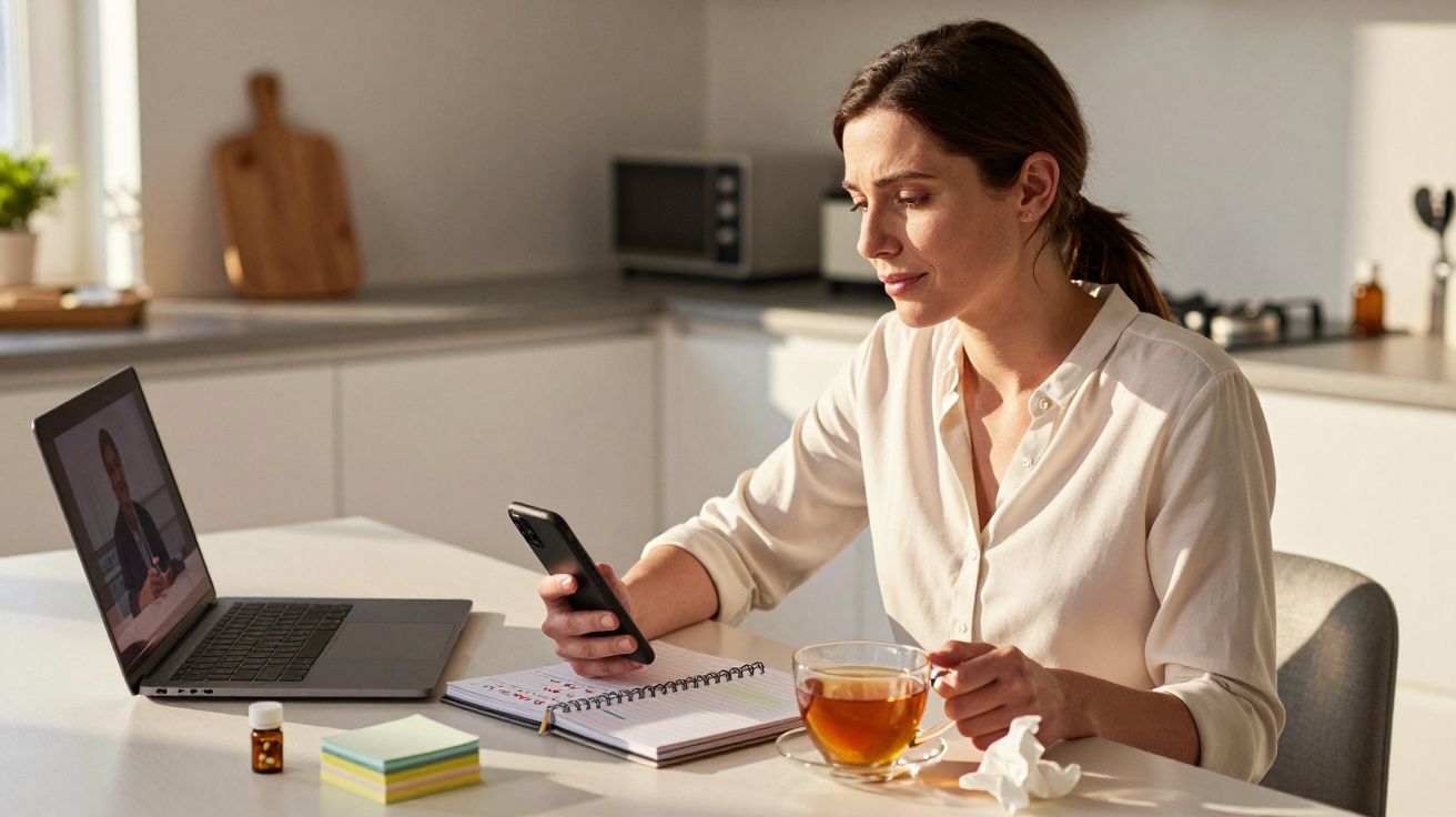 Woman in kitchen looking at phone, with laptop open, notebook, tea, and pills on table.