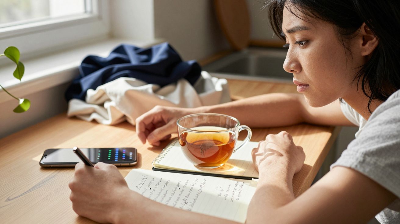 Person writing in a notebook with a cup of tea, smartphone, and a blue jacket beside them on a sunny day.