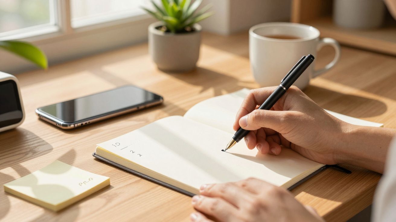 Person writing in a notebook at a desk with a smartphone, sticky notes, plants, and a cup of coffee nearby.