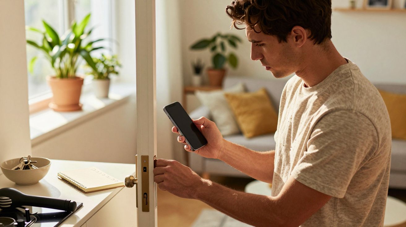 Man using smartphone to unlock door in a bright living room.