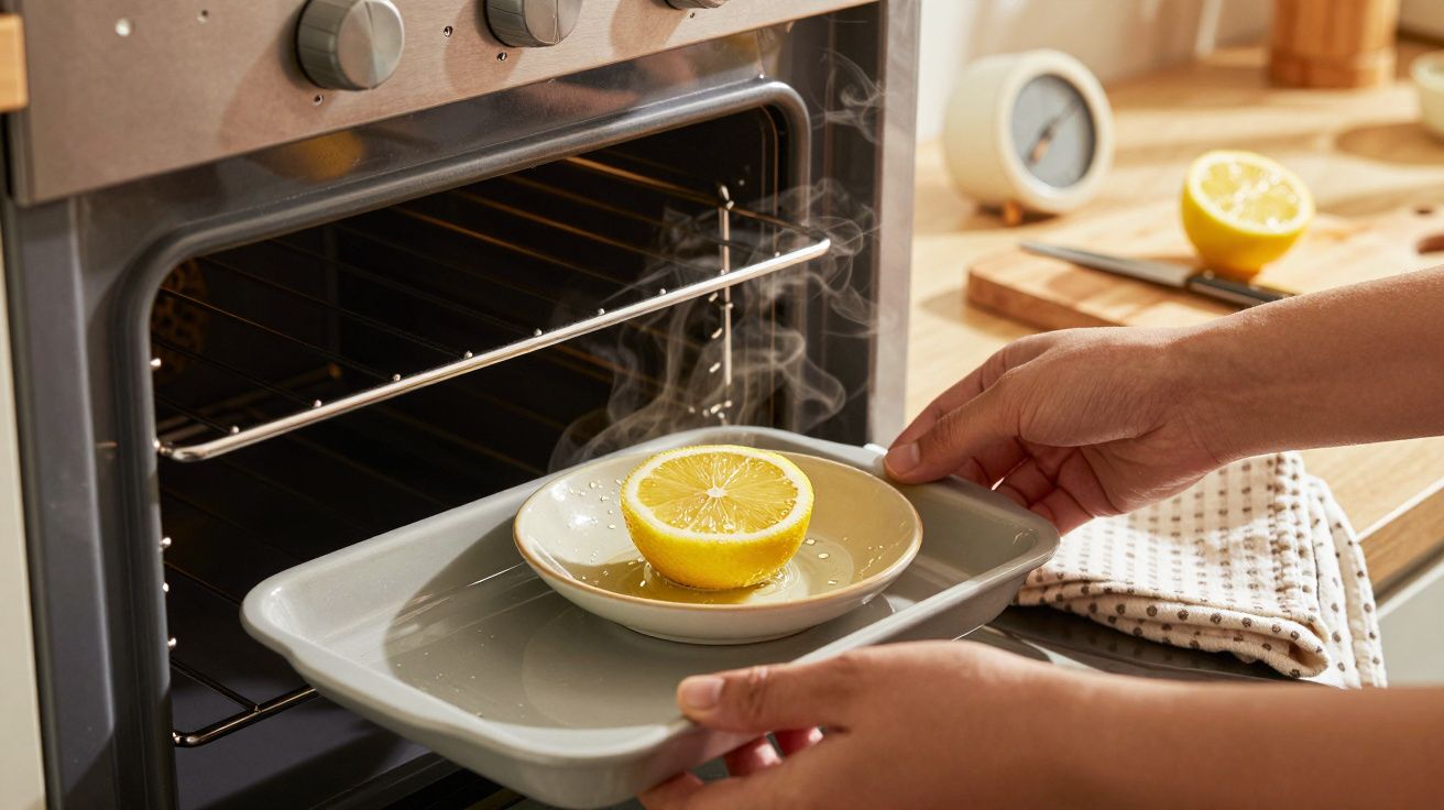 Person placing lemon and water in a dish into a steaming oven.