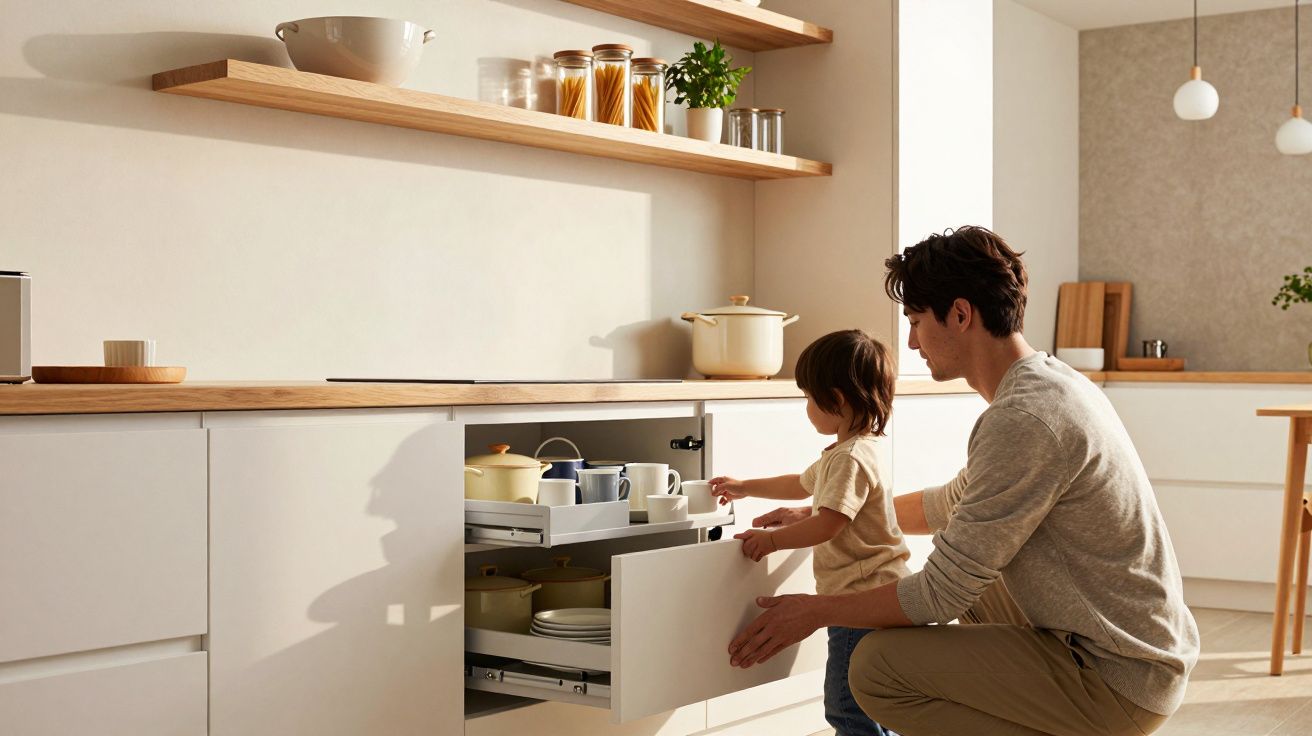 Man and child organizing kitchen items in a drawer, surrounded by white cabinets and wooden shelves with jars and bowls.