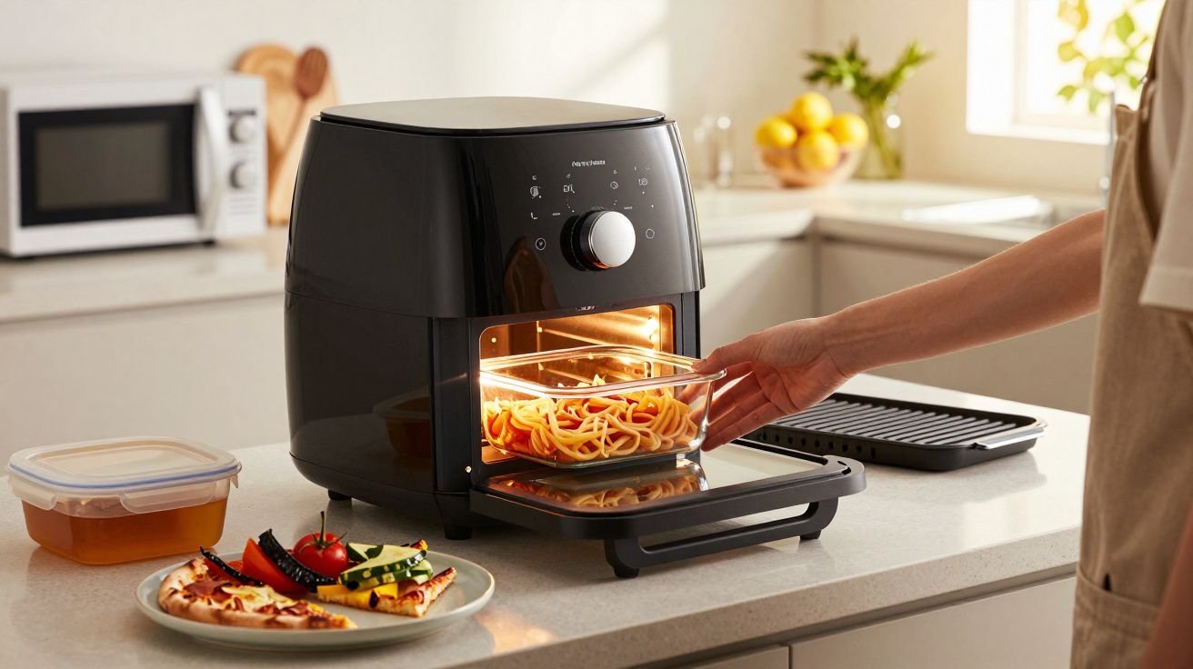 Person placing pasta in a black air fryer on a kitchen countertop with food and appliances in the background.