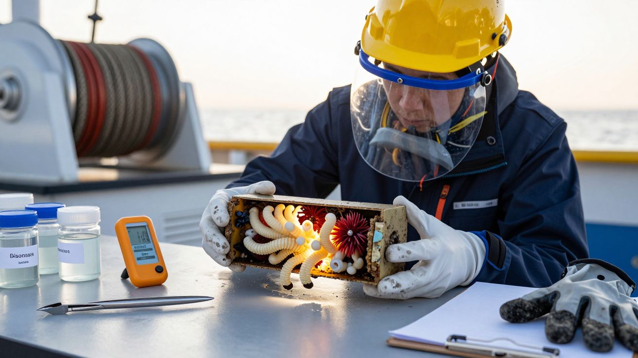 Researcher in safety gear examining a marine sample on a boat, with testing equipment and notes on the table.