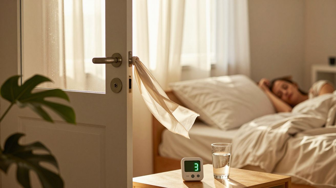 Open door with curtain blowing, bedside table with digital clock and glass of water, person sleeping in bed.