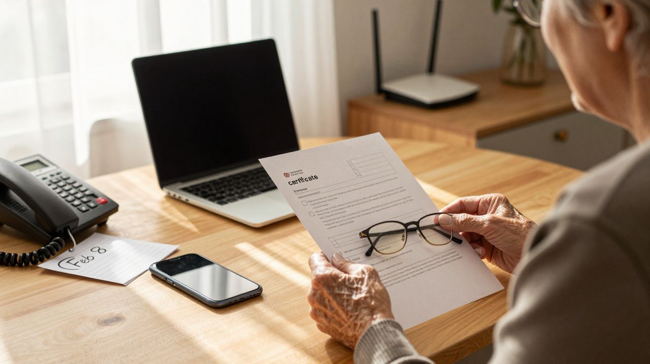 Elderly person holding glasses and reading a paper at a desk with a laptop, phone, and note with "Feb 8."