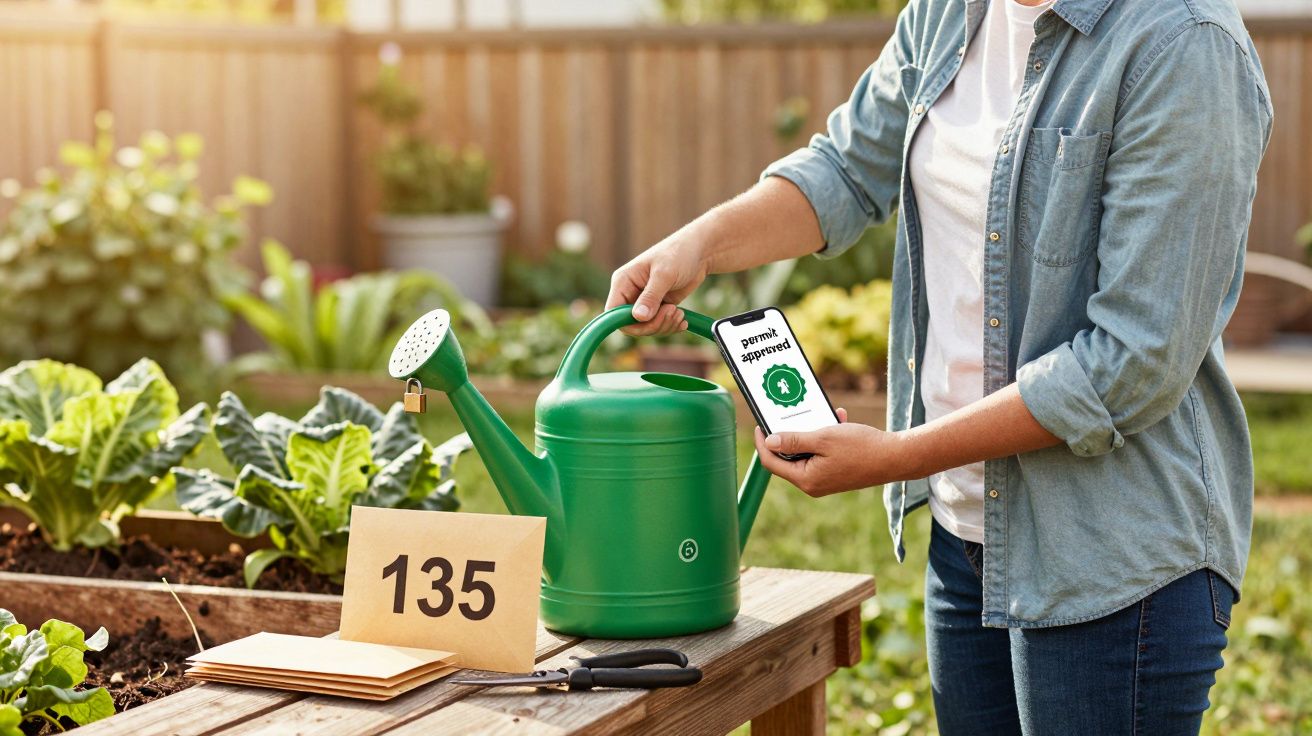 Person in blue shirt holds phone with "permit approved" next to green watering can in garden with lettuce and number 135 sign