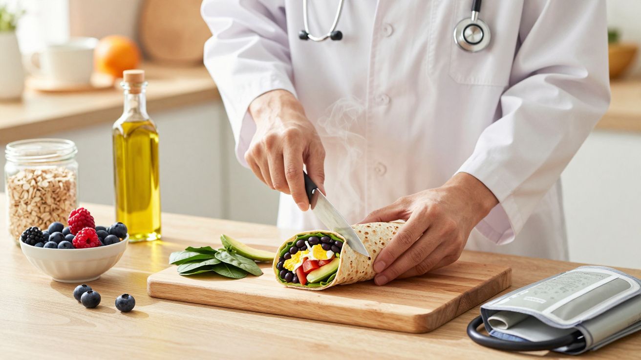 Doctor slicing a vegetable wrap on a wooden board with a stethoscope, fruits, olive oil, oats, and a blood pressure monitor n