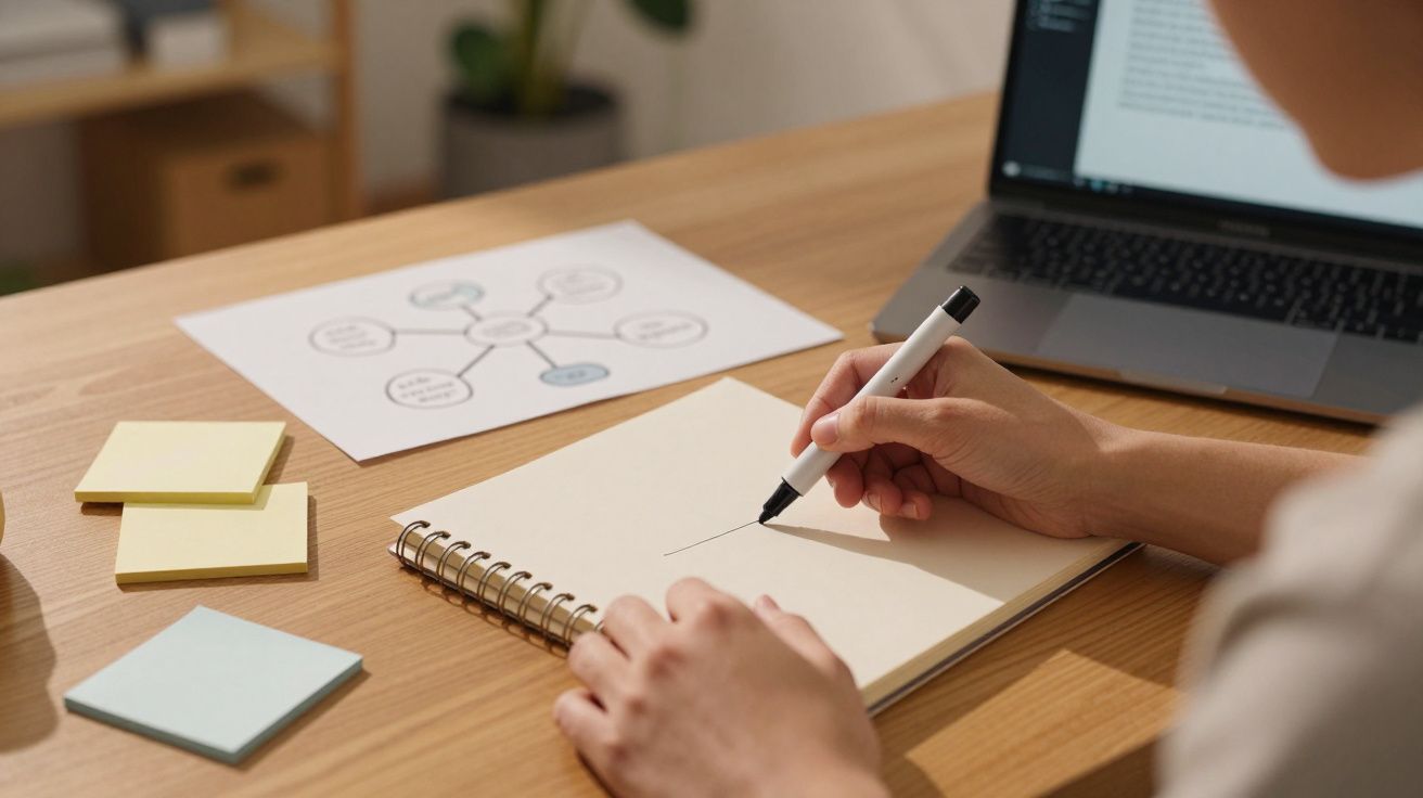 Person writing in notebook at desk with a laptop, diagram on paper, and sticky notes.