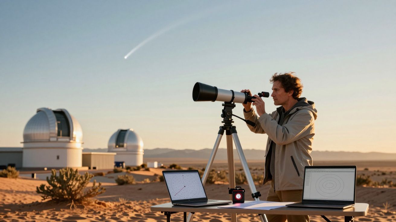 Man using a telescope in a desert with observatories and a comet in the sky.