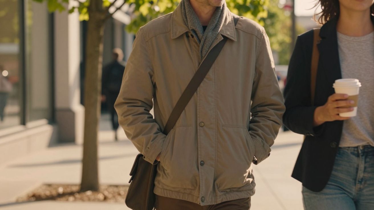 Two people walking on a city sidewalk; one carries a shoulder bag, the other holds a coffee cup.