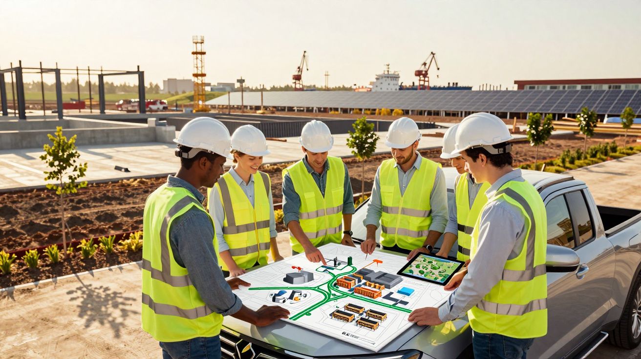 Engineers in hard hats and vests discuss a construction site plan on a table, with cranes and solar panels in the background.