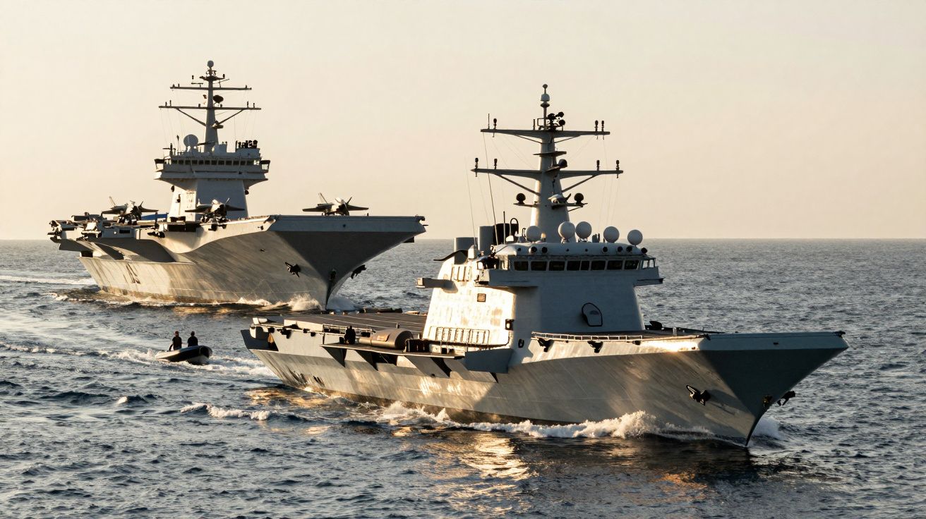 Two military aircraft carriers sailing on the ocean at sunset.