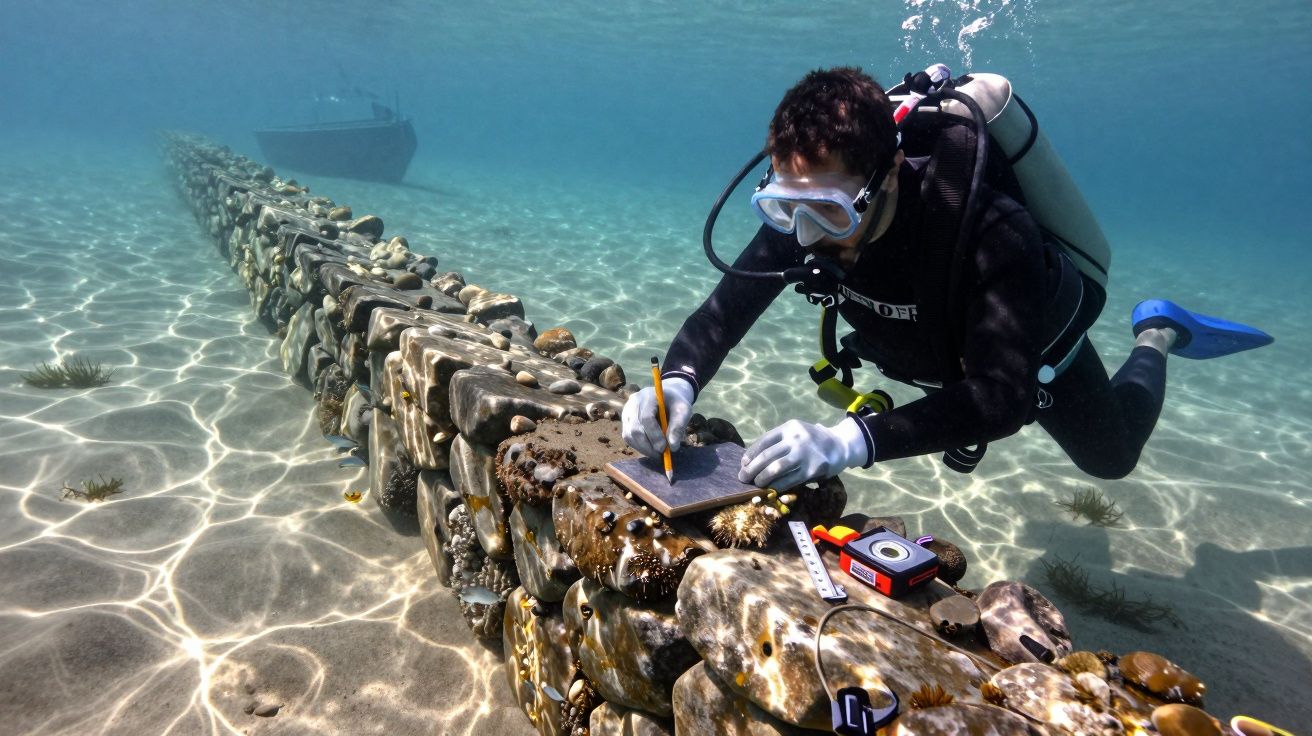 Diver in scuba gear examines underwater stone structure, taking notes on a slate with measuring tools nearby.
