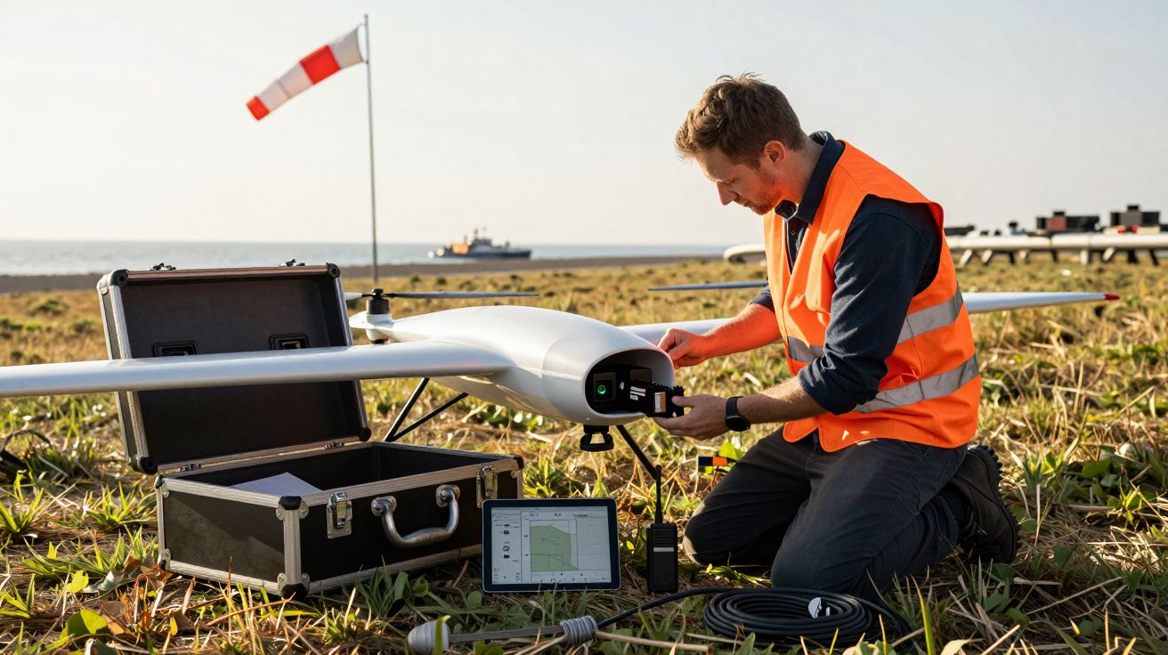 Man in orange vest kneeling, preparing a drone with a remote control on a grassy field near the ocean.