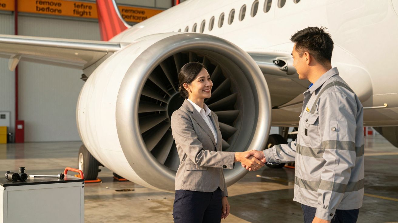 Two professionals shaking hands in front of an aircraft engine in a hangar.