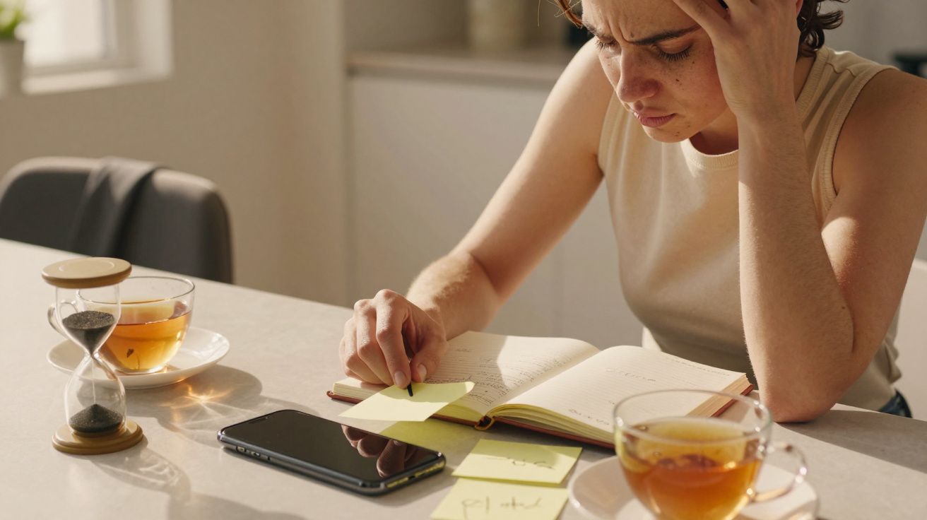 Person stressed, sitting at a table with a notebook, phone, hourglass, and tea cups.