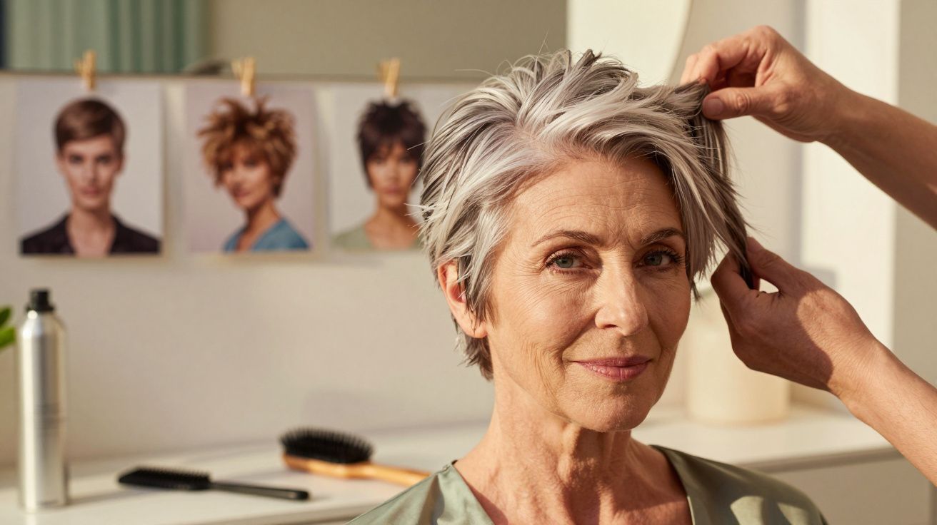 Woman with short gray hair styled by a hairdresser, salon background with haircut photos and styling tools.