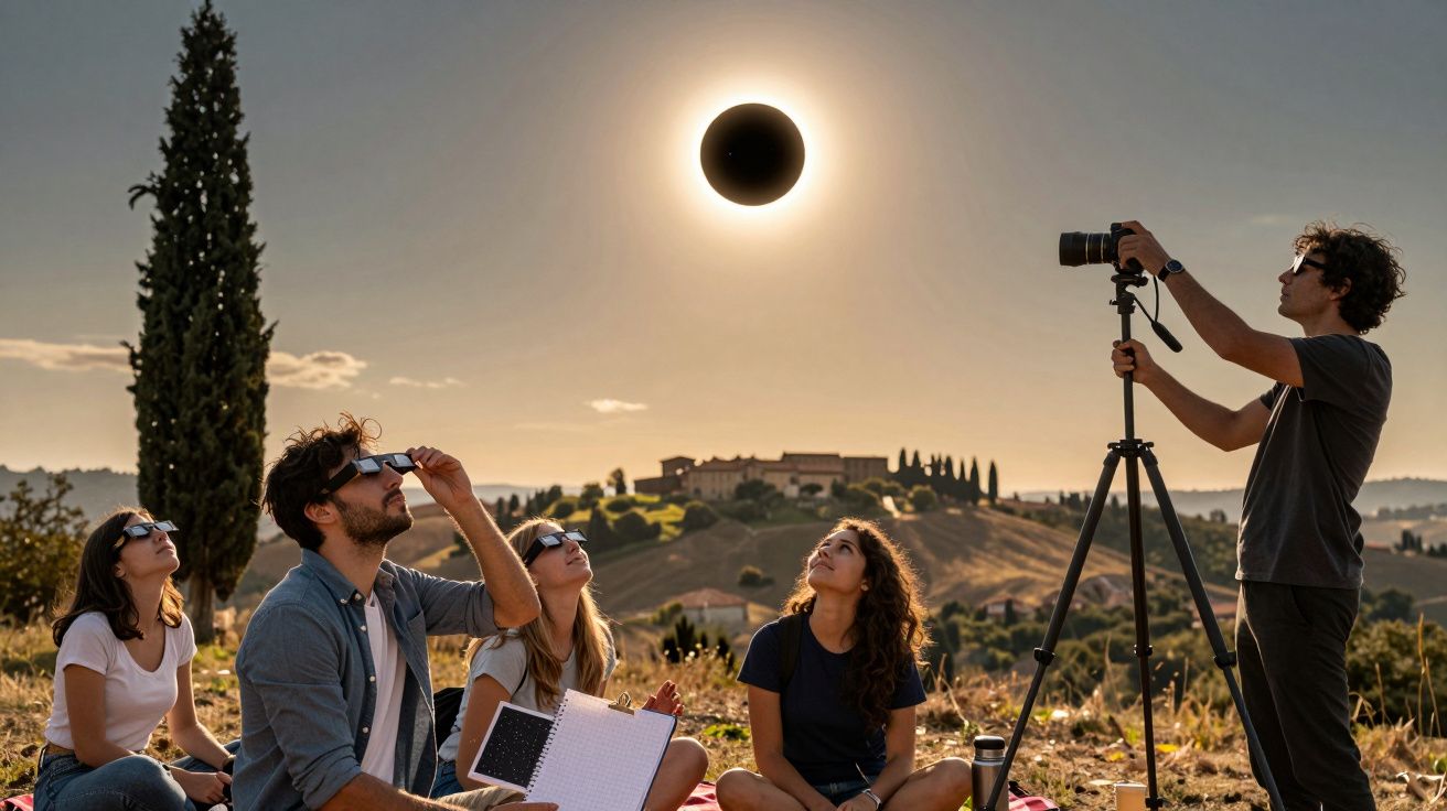 People watching a solar eclipse with glasses and camera in a scenic field.