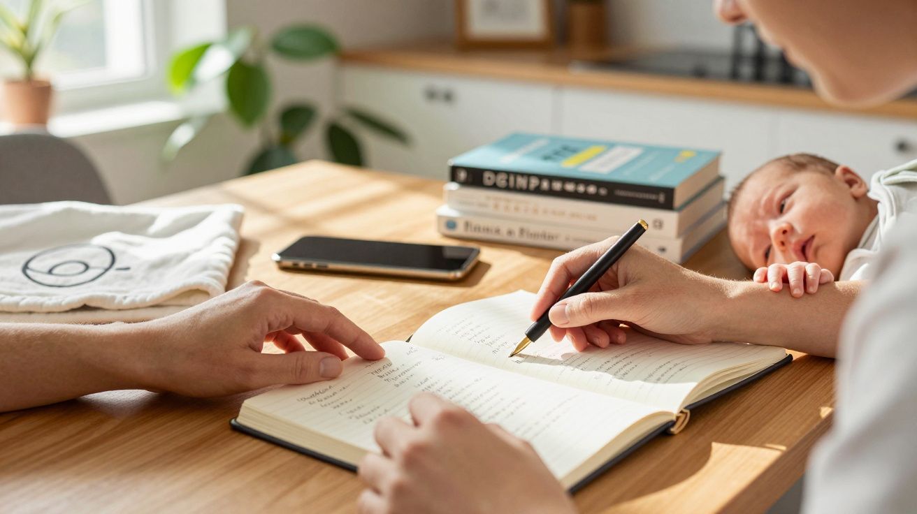 Parent writing in notebook at wooden table, baby resting nearby, books and phone in background.