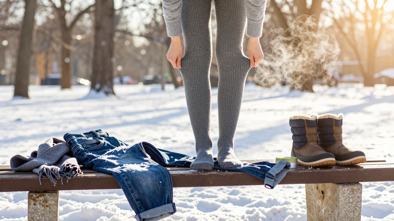 Person standing on a bench in snow, wearing gray leggings. Nearby are jeans, boots, socks, and a scarf in the sunlight.