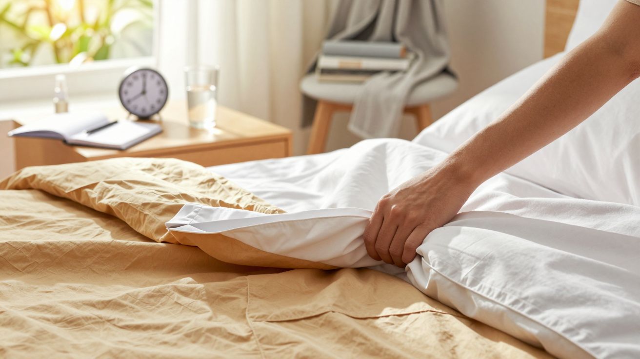 Person making a bed with white and beige sheets near a wooden bedside table with clock and glass.