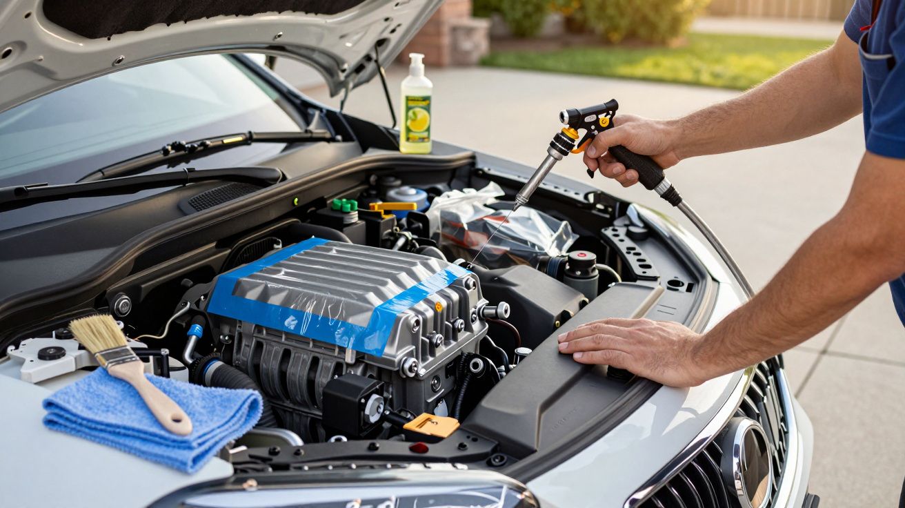 Person cleaning car engine with spray tool, surrounded by brush, cloth, and lemon cleaner bottle.