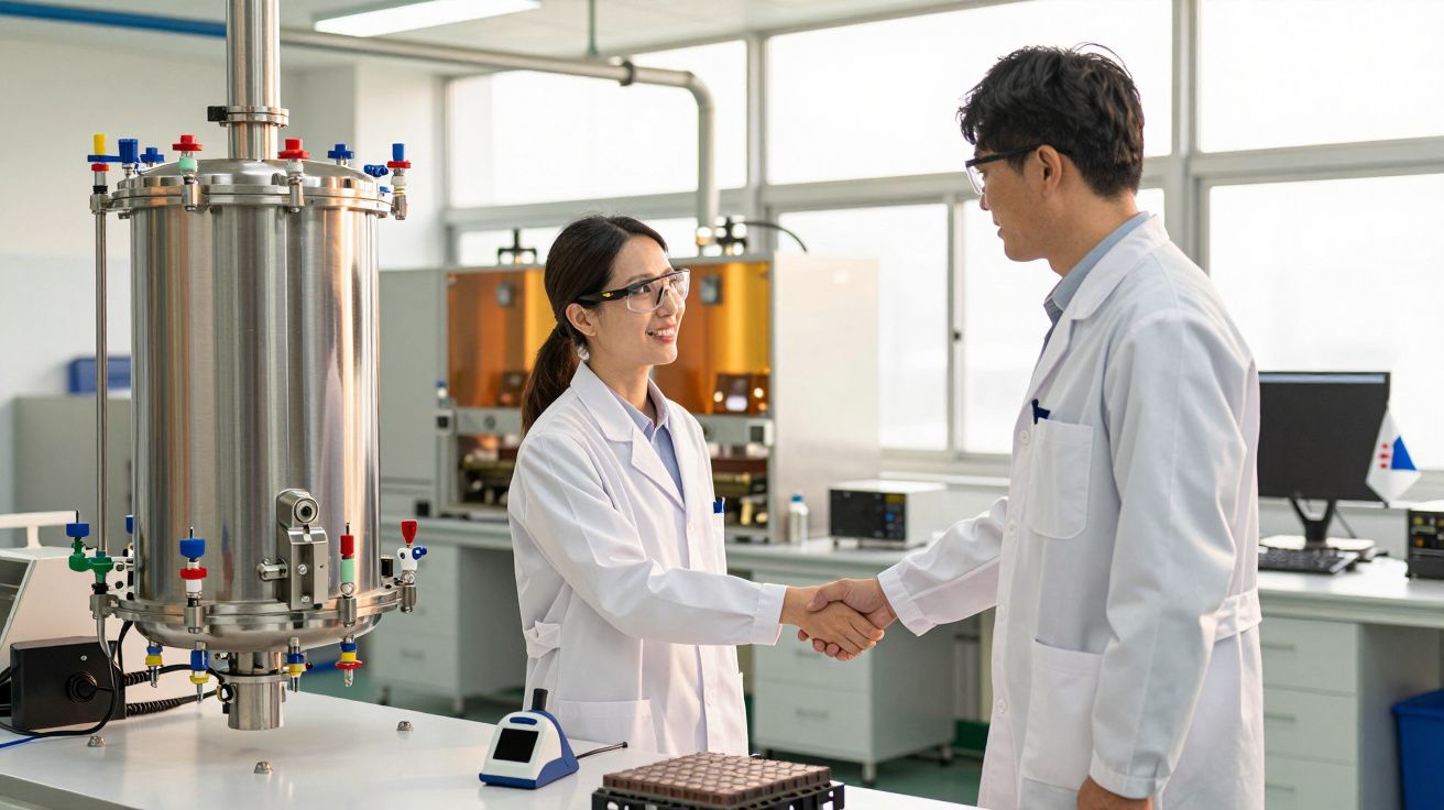 Two scientists in lab coats shaking hands in a laboratory, next to large equipment.