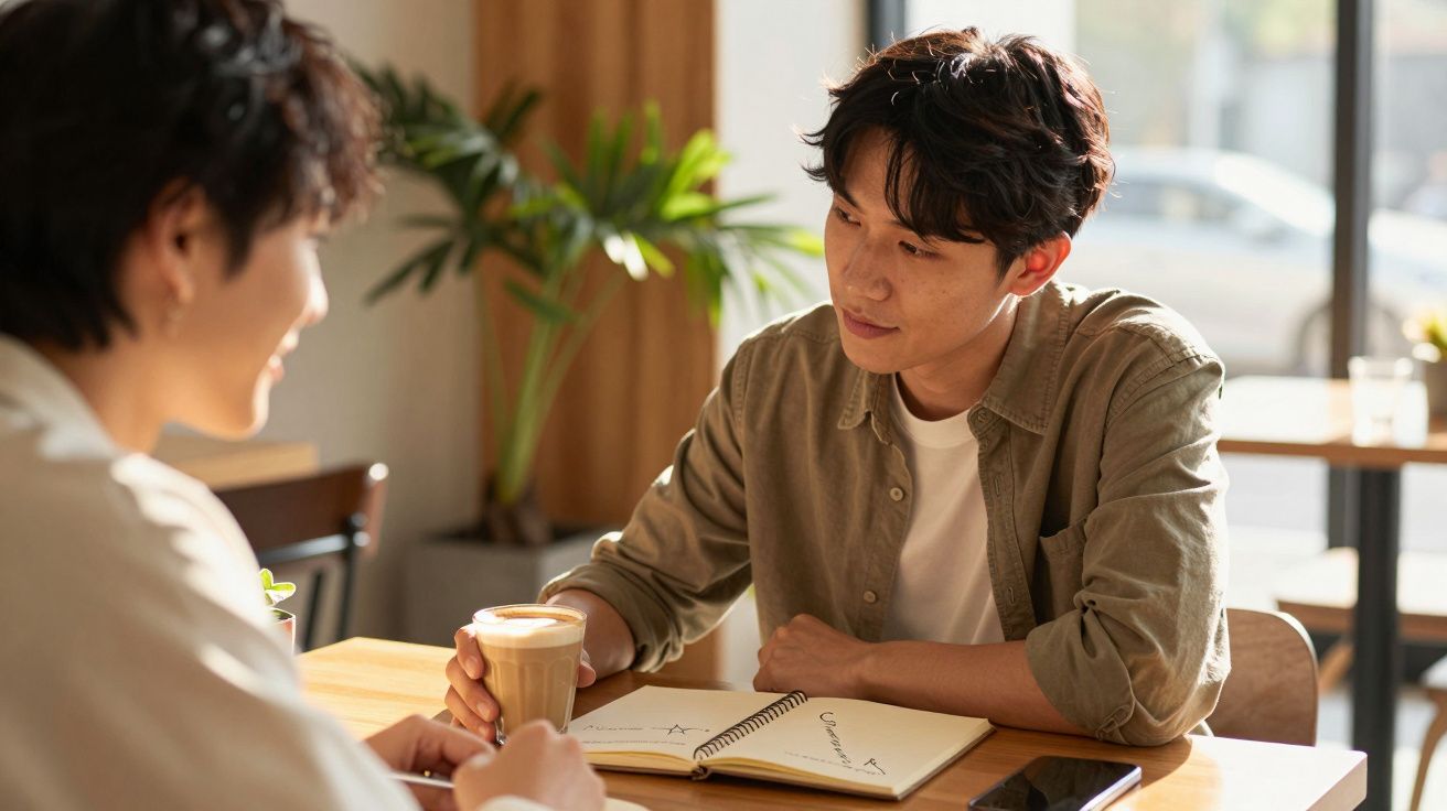Two people talking at a cafe table, one holding a coffee cup and the other writing in a notebook.