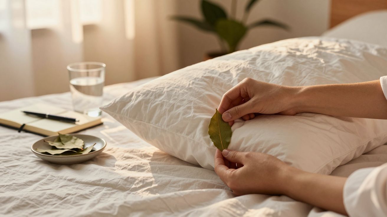 Hands holding a leaf on a bed with a pillow, notebook, pen, and glass of water nearby.