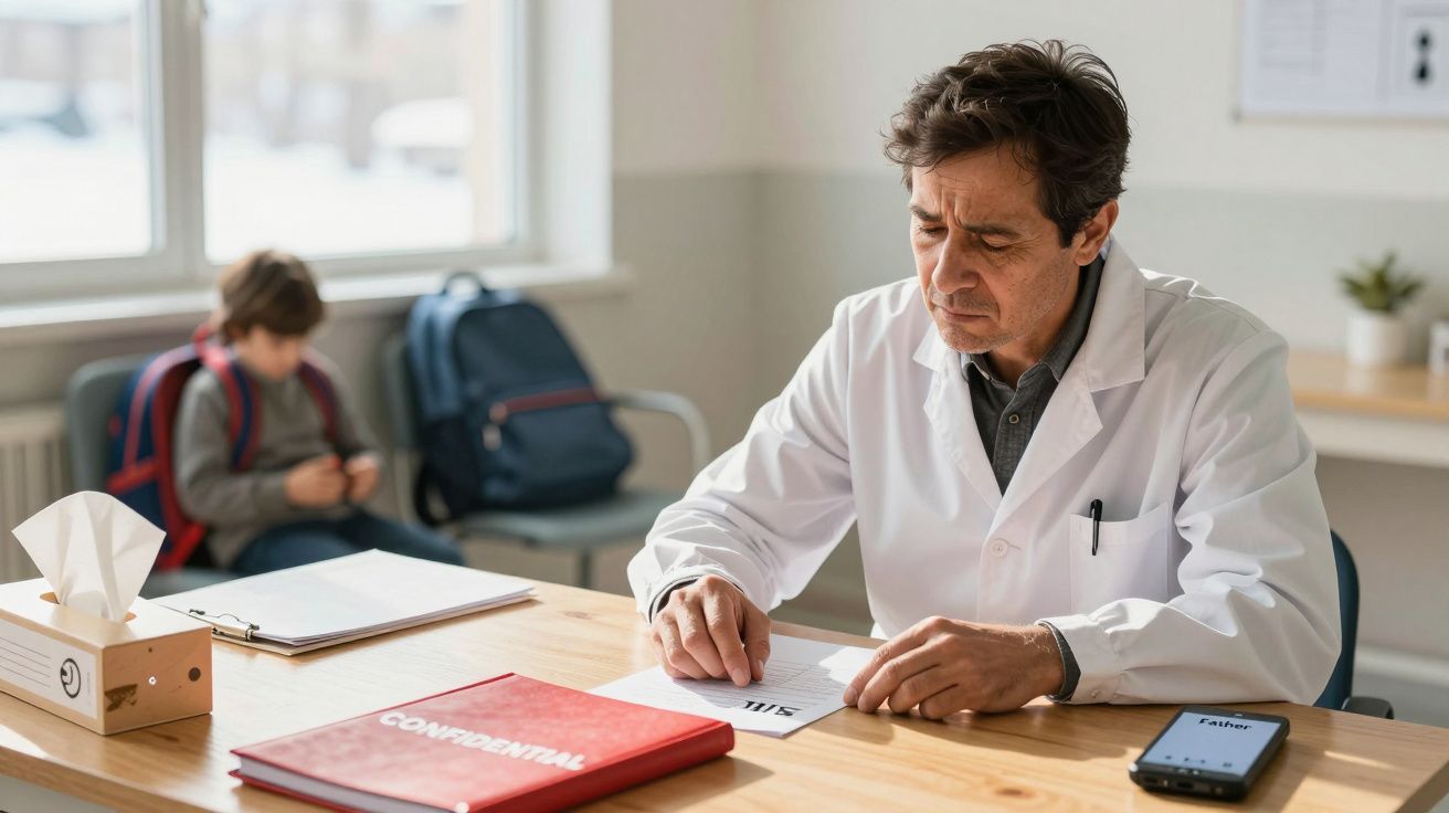Doctor in white coat reading a document at a desk, with a child in the background using a phone in a waiting room.