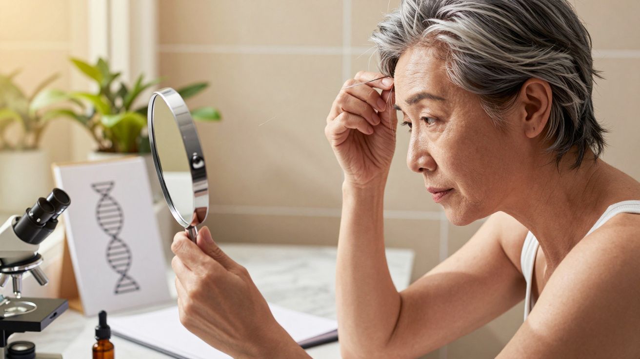 Older adult examining face in handheld mirror, with a DNA illustration and microscope on a table.