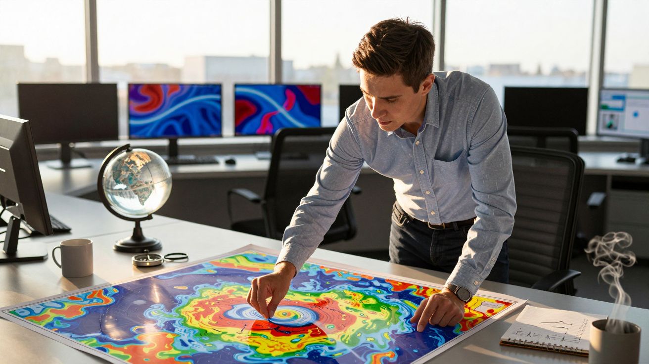 Man analyzing a colorful weather map in a bright office with a globe, monitors, and a coffee mug nearby.