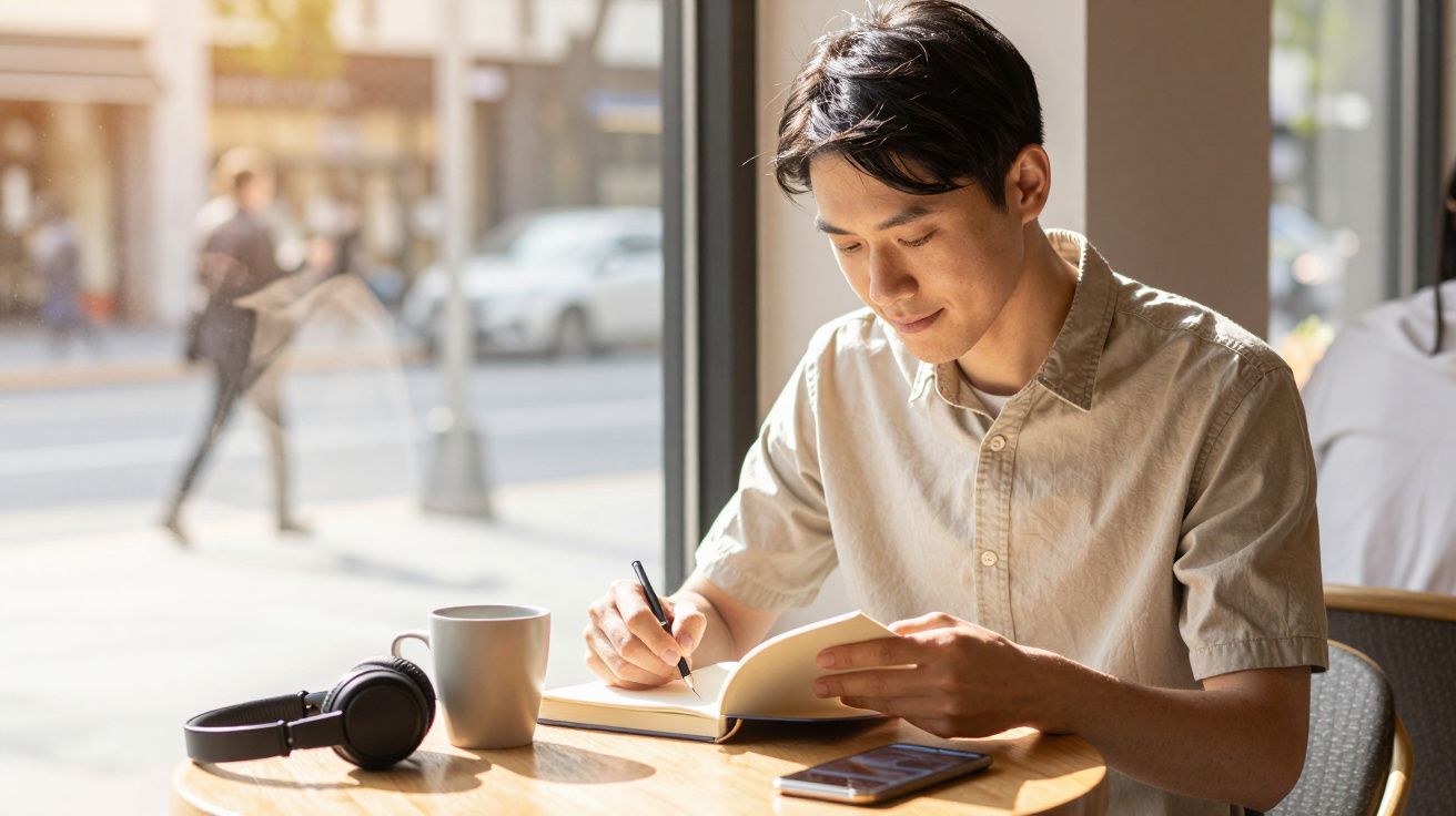 Man writing in a notebook at a café table with headphones, a mug, and a smartphone nearby, street visible through window.