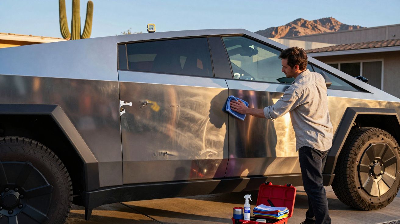 Man cleaning a futuristic, angular vehicle with polish, outdoor setting with desert background.