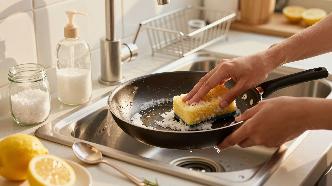 Person scrubbing a frying pan with a sponge in a kitchen sink, surrounded by lemons and cleaning supplies.