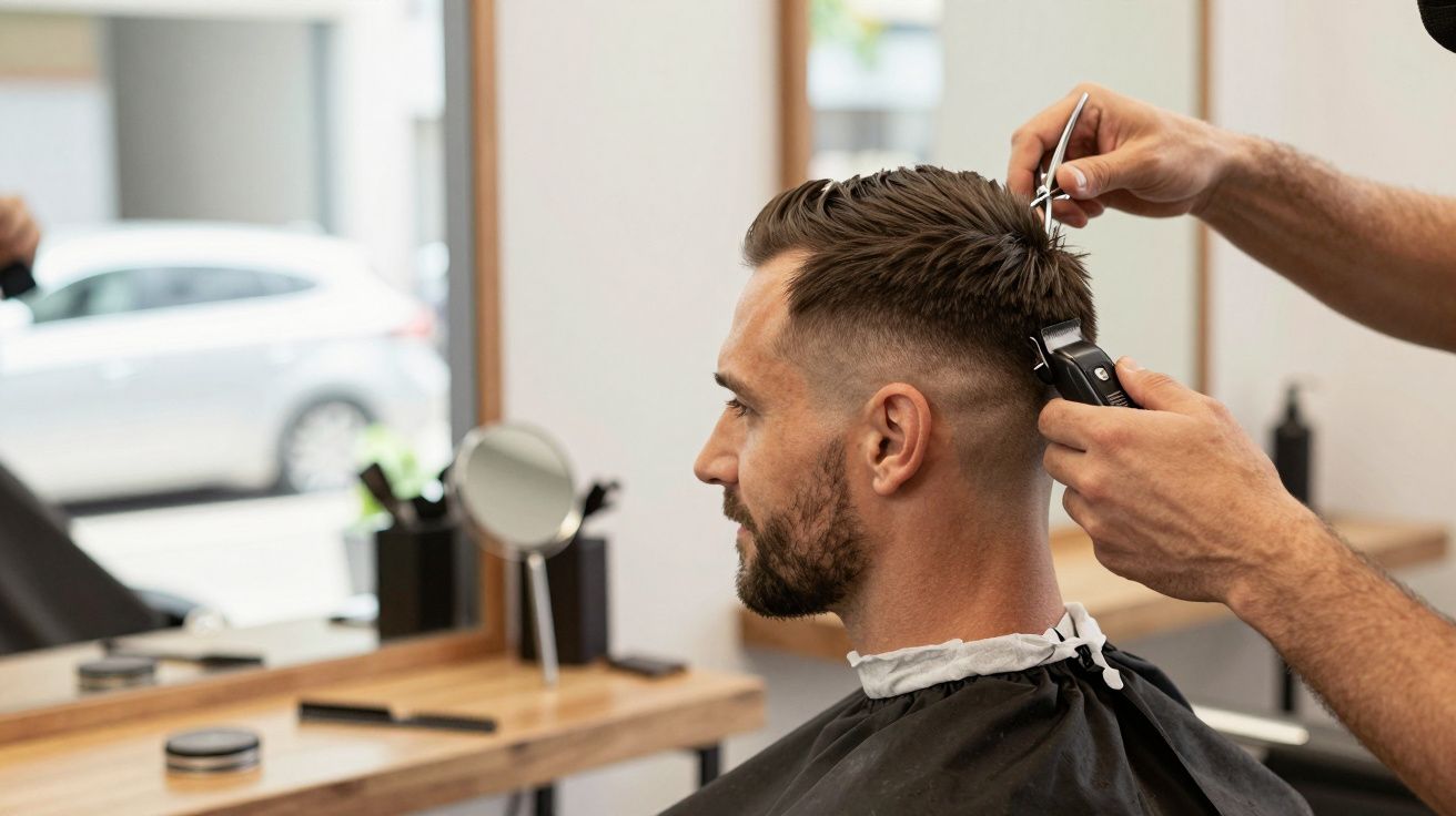 Barber giving a man a haircut with clippers and scissors in a modern salon.
