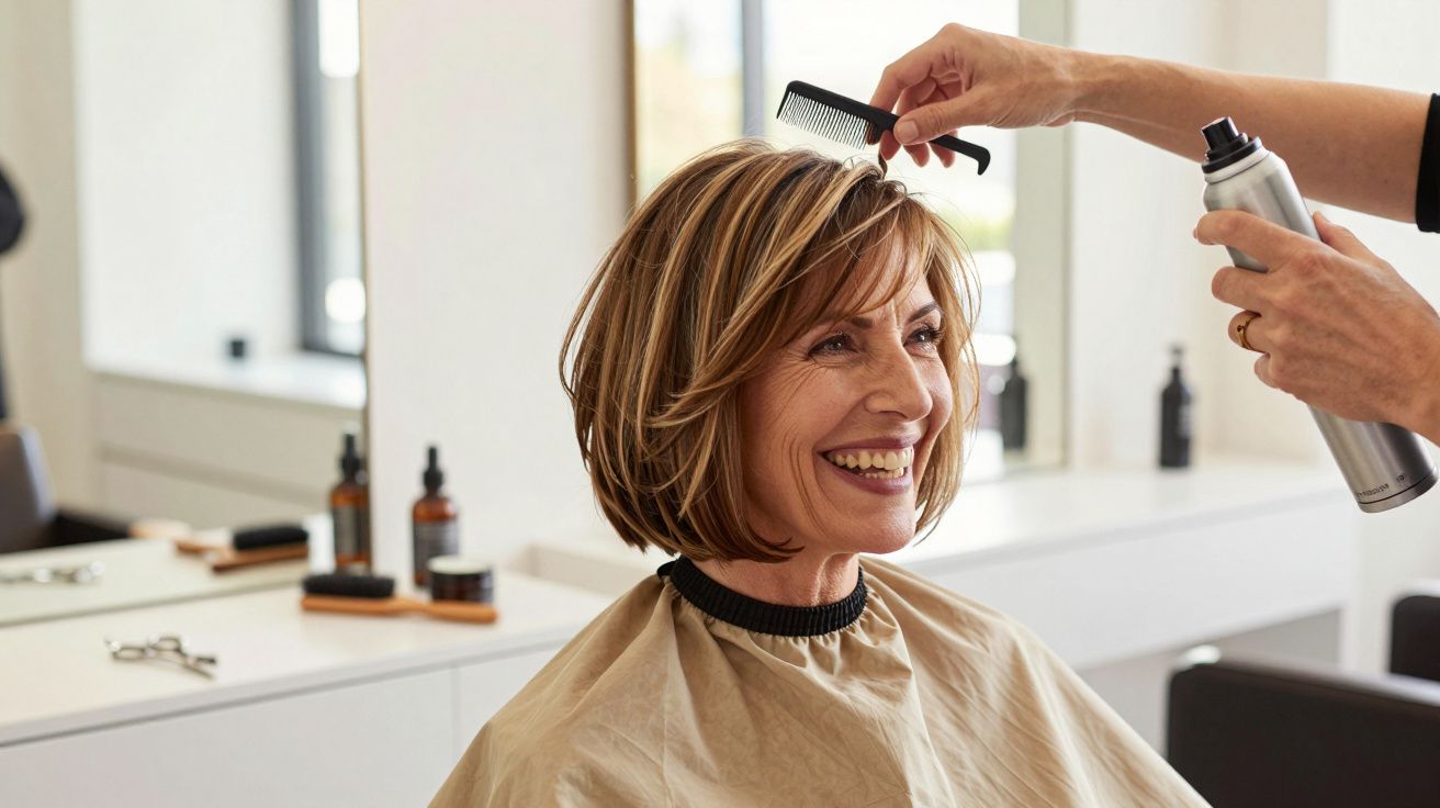 Woman with short hair smiling in a salon chair, hairstylist applying hairspray and holding a comb.
