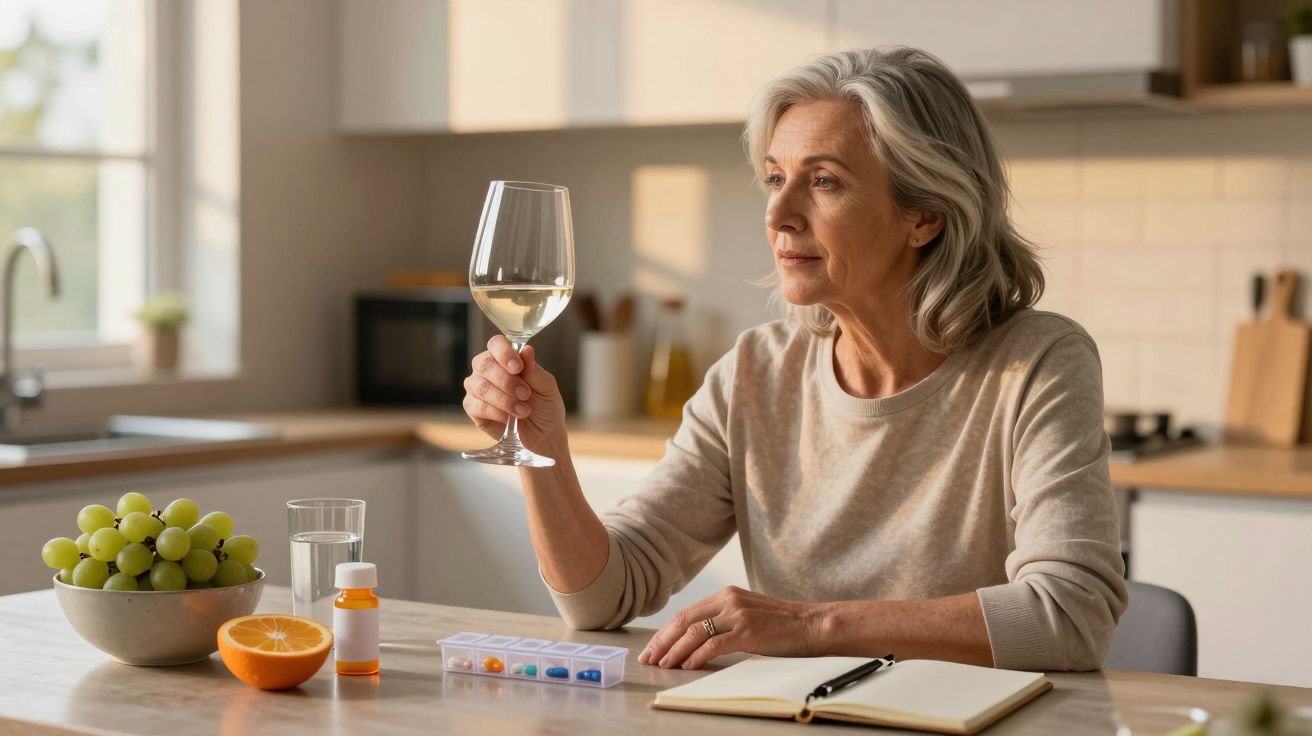 Older woman seated at a kitchen table, holding a glass of white wine, with fruit, pills, and a notebook nearby.