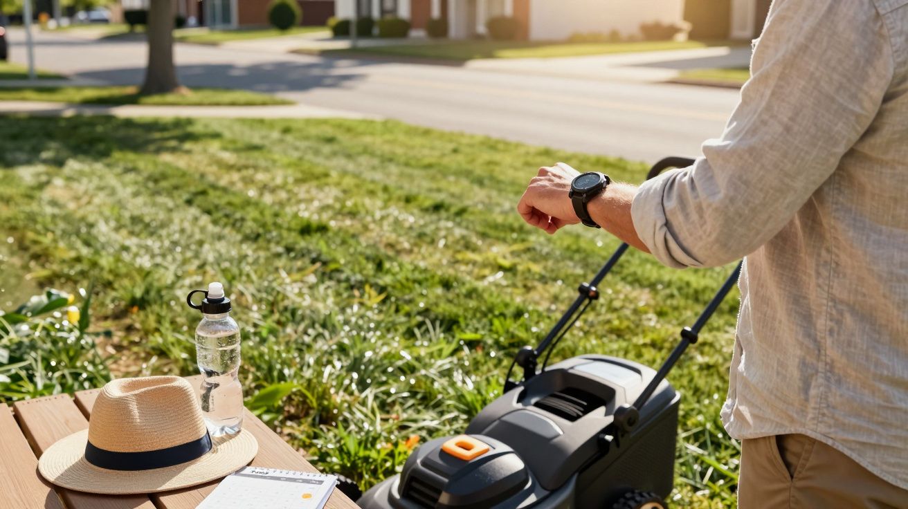 Person checking smartwatch beside lawnmower in sunny yard, with a hat and water bottle on a table nearby.