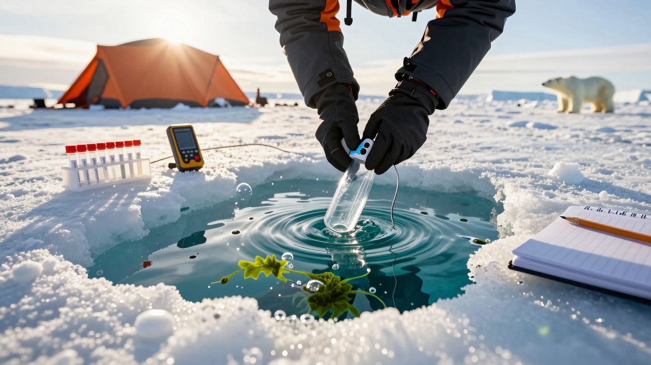 Scientist collects water sample from ice hole in Arctic, near test equipment and orange tent; polar bear in background.