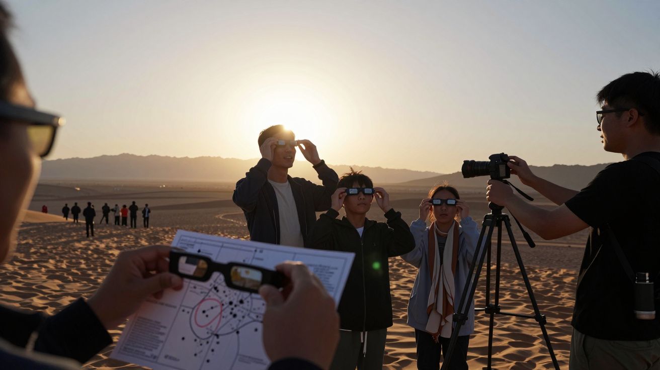 People wearing eclipse glasses observe a solar event in a desert at sunset, one with a map, and another with a camera on a tr