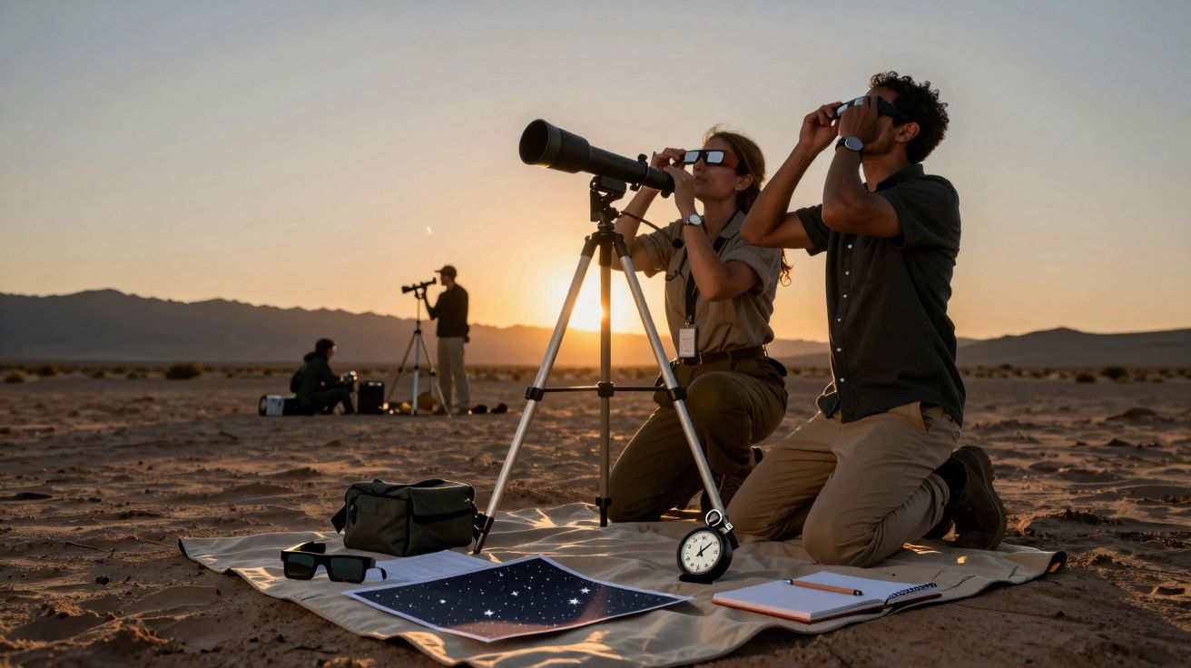 People stargazing in the desert at sunset with telescopes and binoculars, maps and notebooks on a blanket.